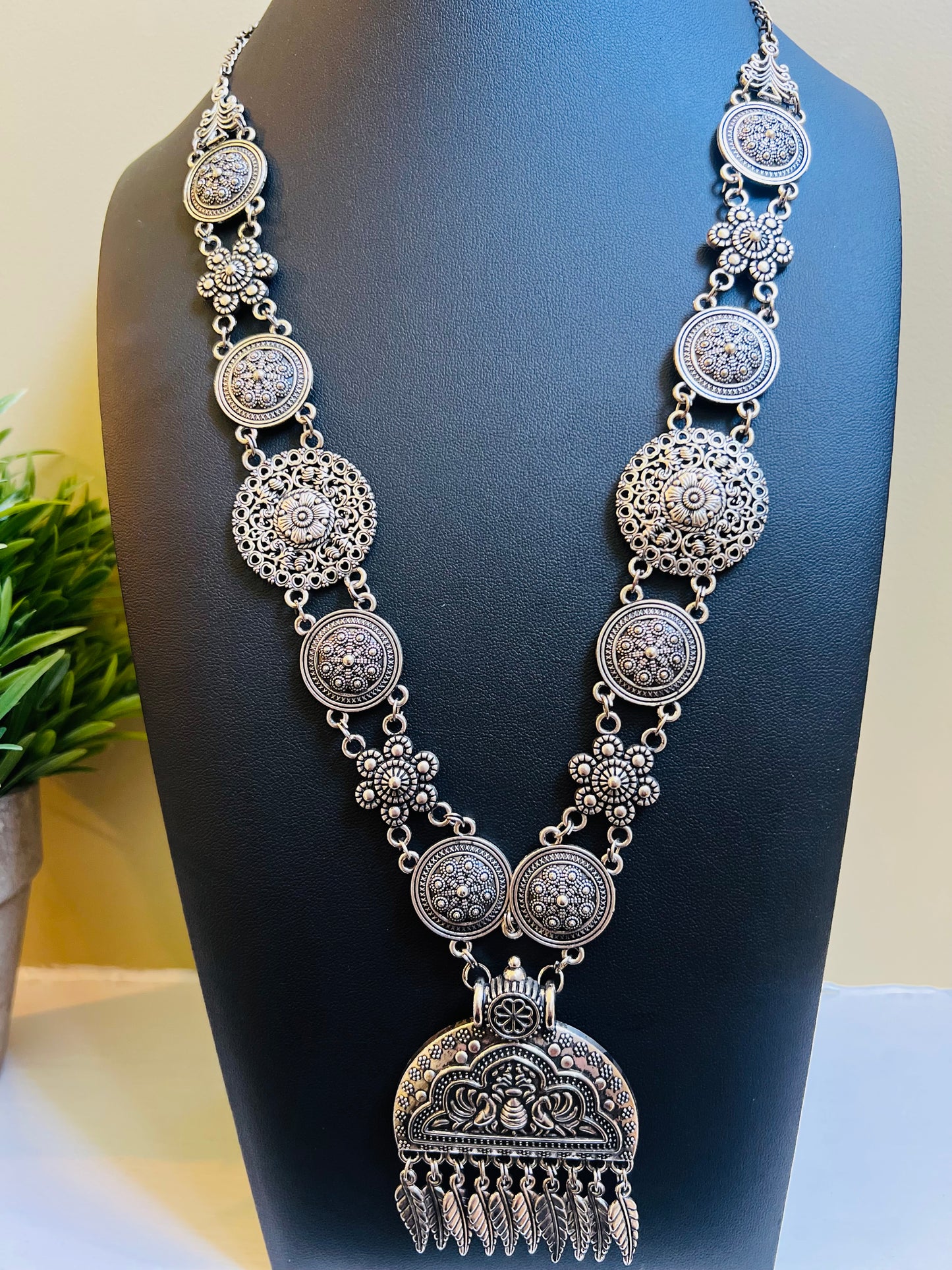 Gayatri Oxidized Long Necklace Set (Includes Earrings)
