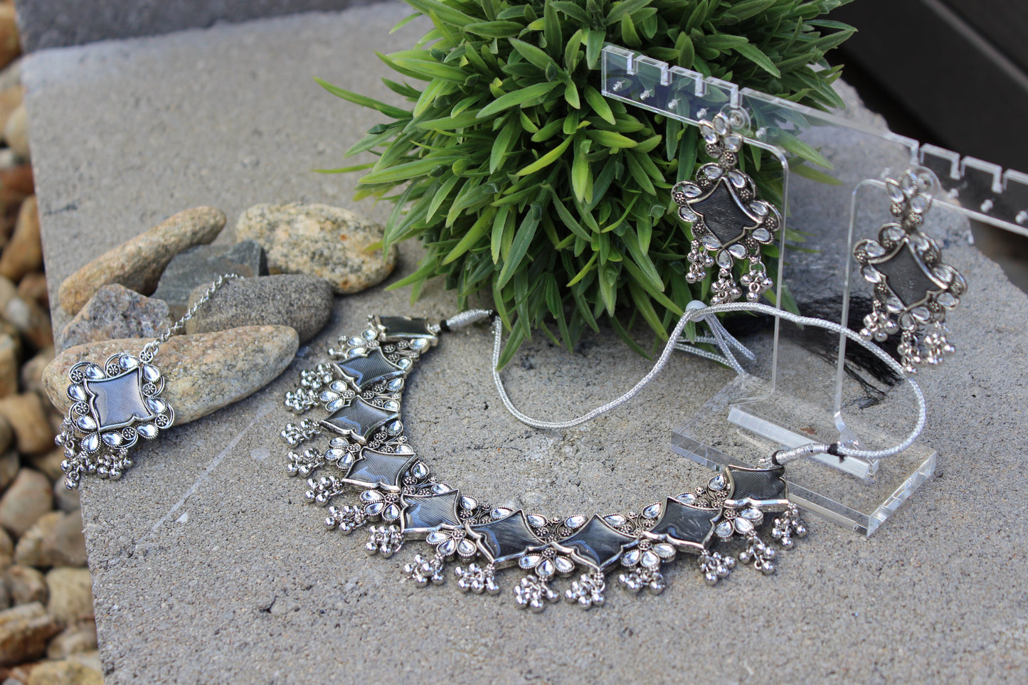 Manya Silver Necklace Set (Includes Earrings & Tikka)