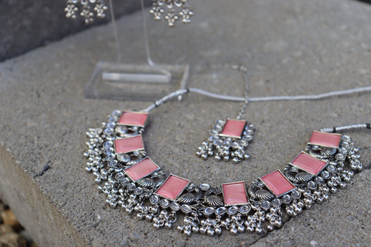 Manya Silver Necklace Set (Includes Earrings & Tikka)