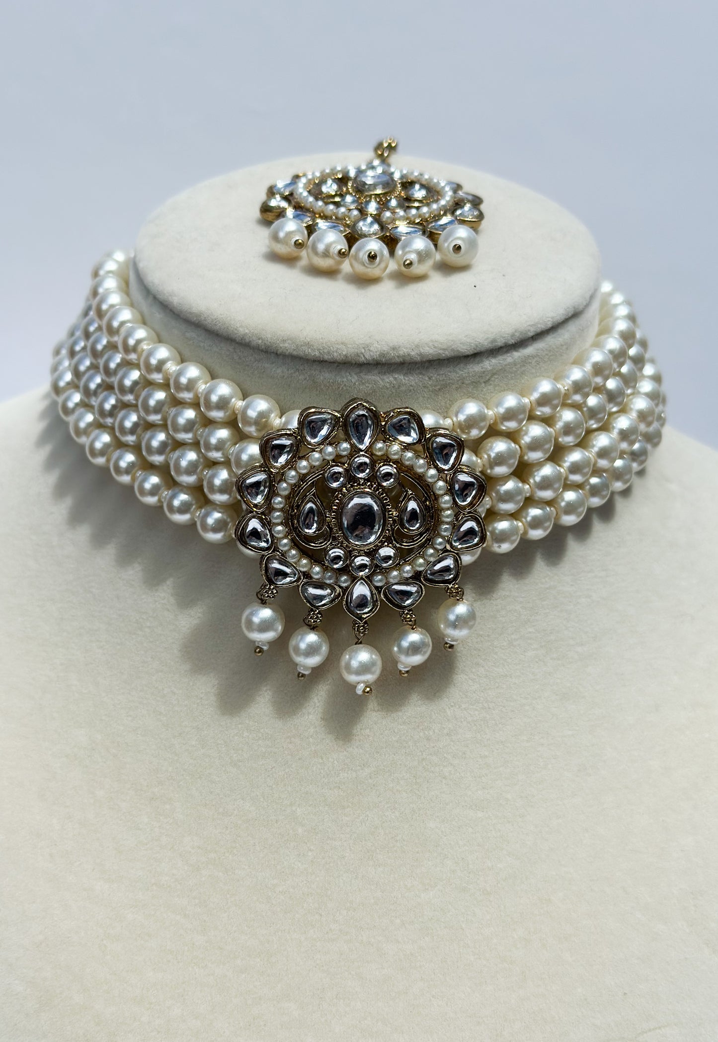 Kareena Pearl Choker Set (Includes Earrings & Tikka)