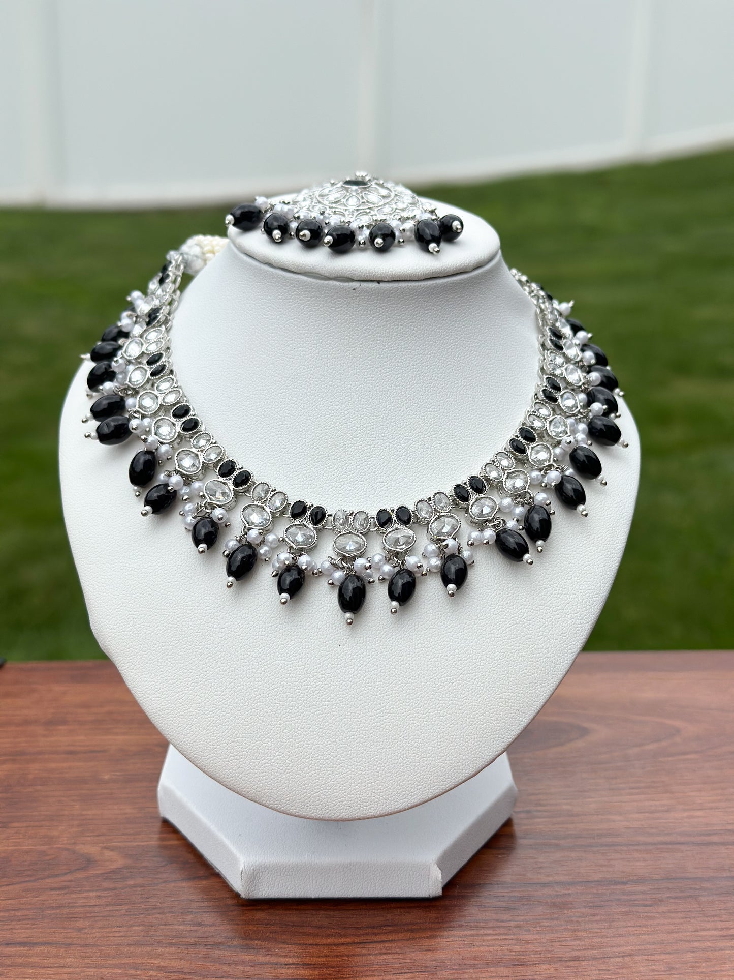 Neelu Silver Necklace Set (Includes Earrings & Tikka)