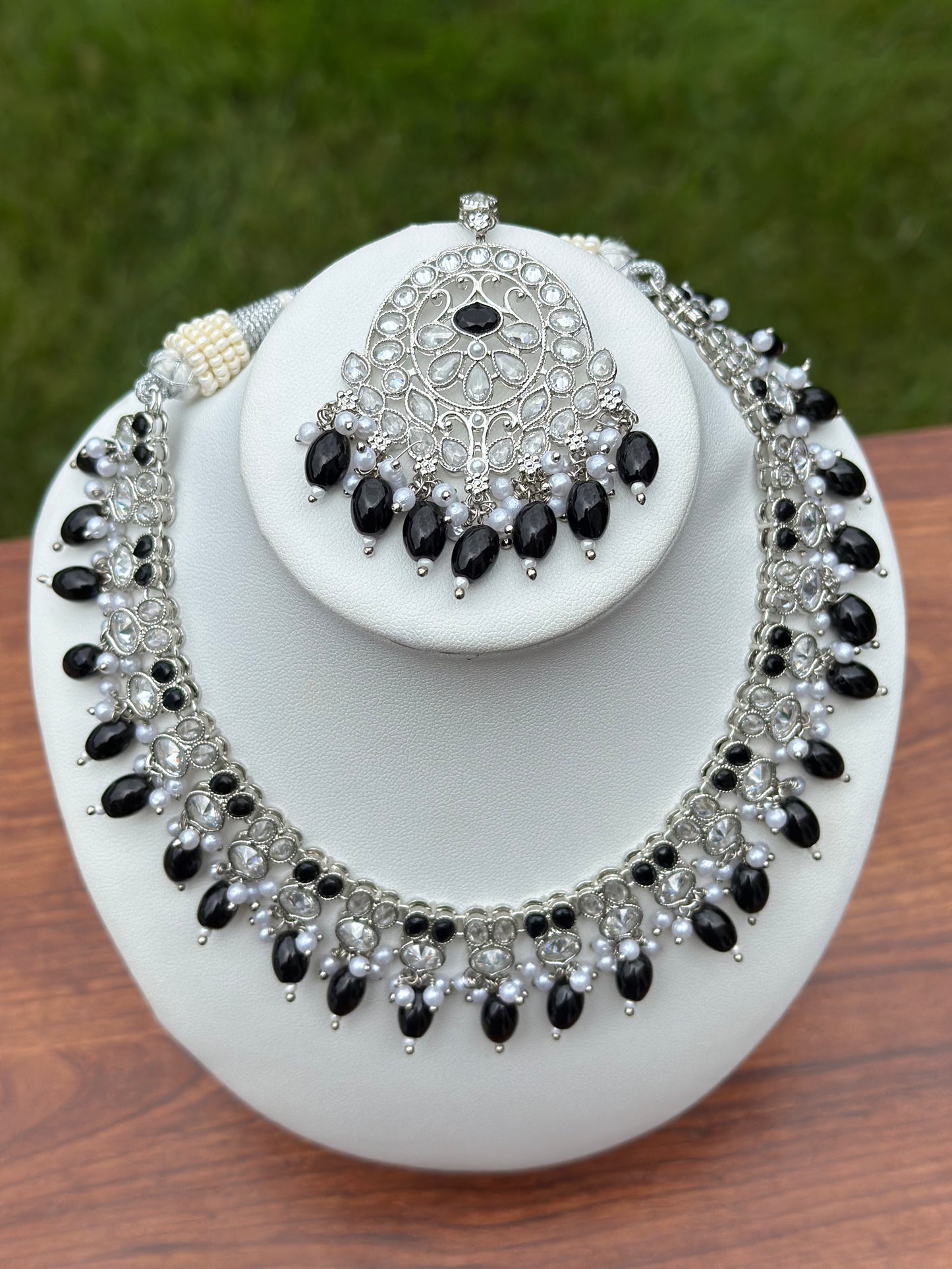 Neelu Silver Necklace Set (Includes Earrings & Tikka)