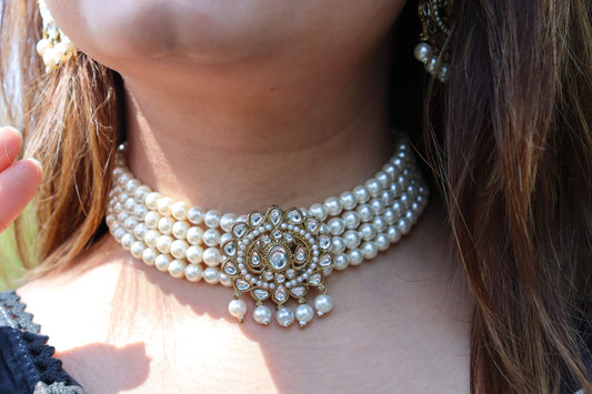 Kareena Pearl Choker Set (Includes Earrings & Tikka)