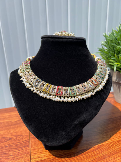 Arya Polki Necklace Set (Includes Earrings & Tikka)