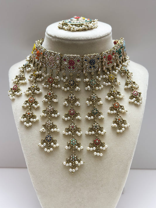 Payal Waterfall Necklace Set (Includes Earrings & Tikka)