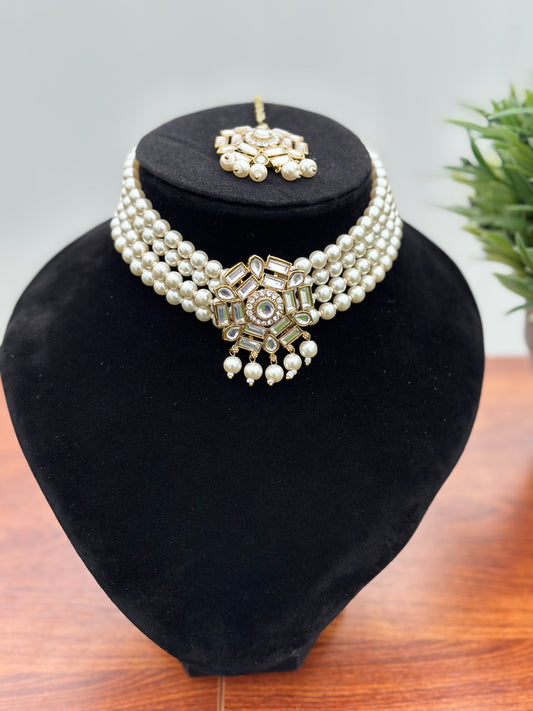 Fatima Pearl Choker Set (Includes Earrings & Tikka)