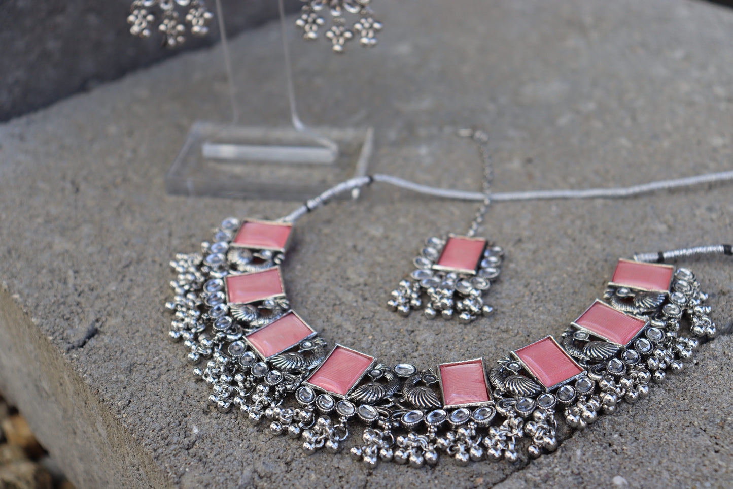 Manya Silver Necklace Set (Includes Earrings & Tikka)