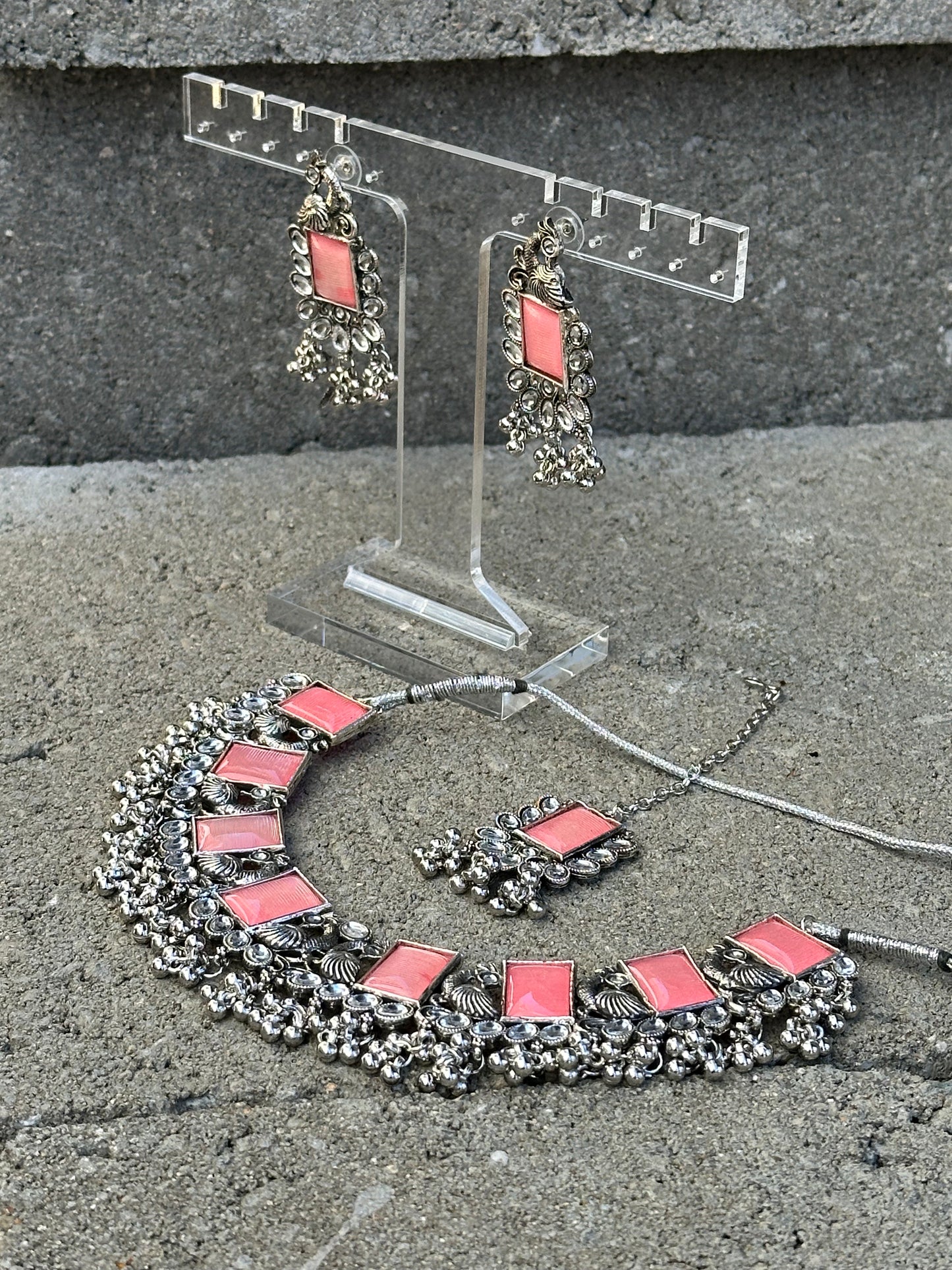 Manya Silver Necklace Set (Includes Earrings & Tikka)
