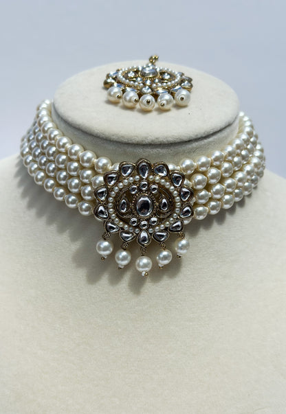 Kareena Pearl Choker Set (Includes Earrings & Tikka)