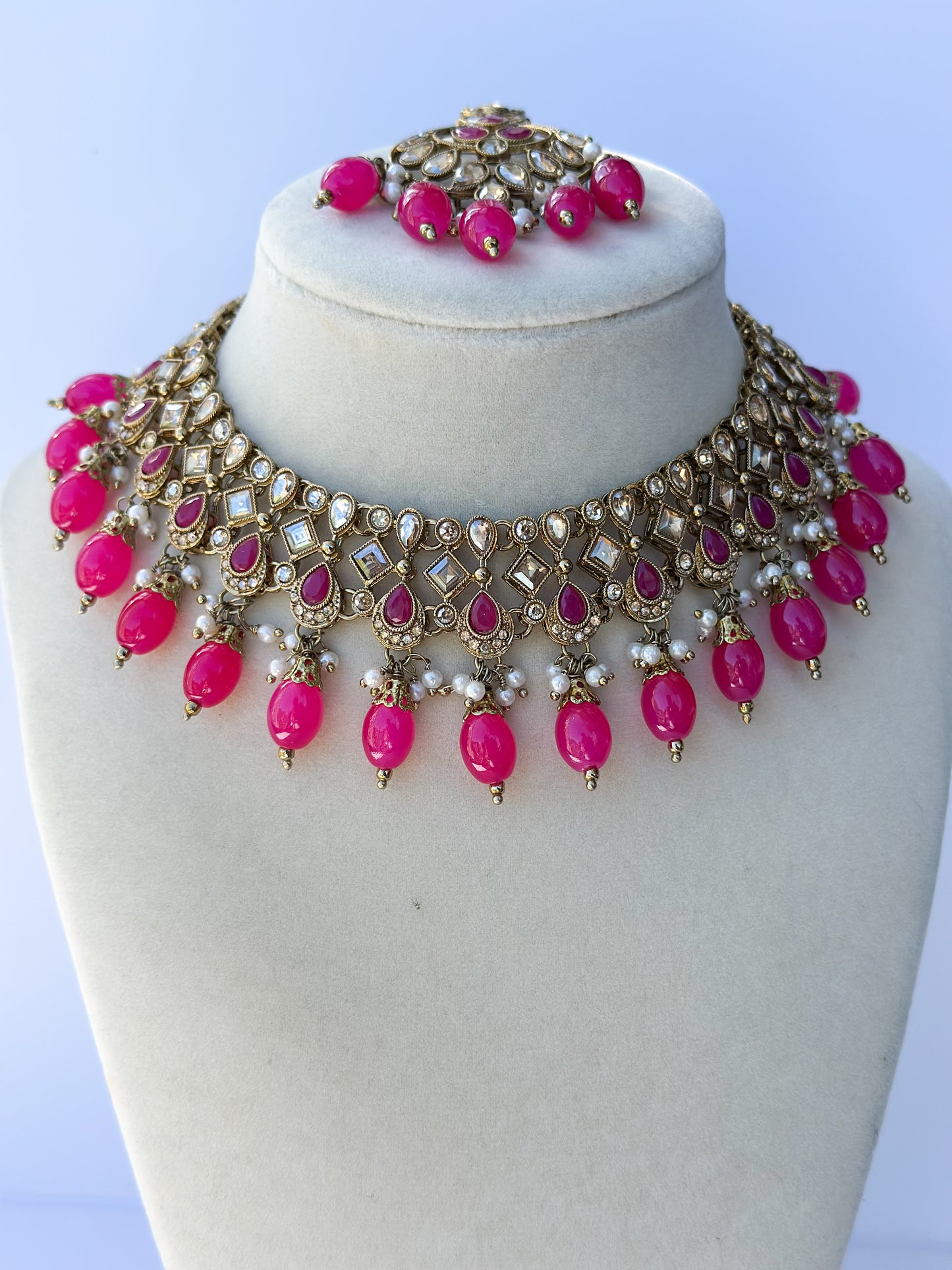 Maria Polki Necklace Set (Includes Jhumki Bali Earrings & Tikka)