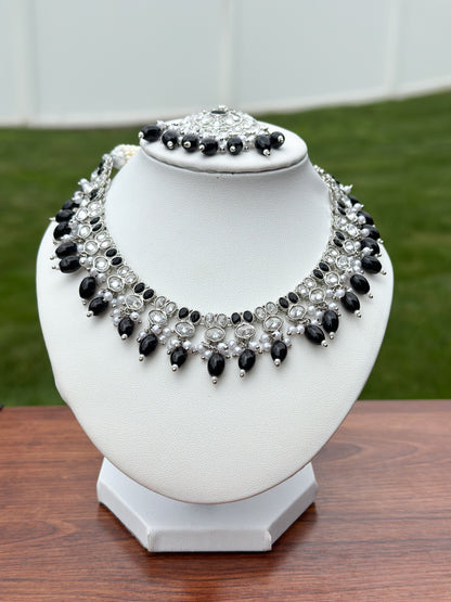 Neelu Silver Necklace Set (Includes Earrings & Tikka)